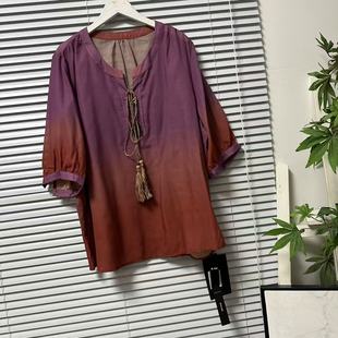 0124-39古着风V领系带渐变丝麻衬衫女夏季宽松休闲百搭优雅上衣