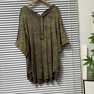 0526-26法系复古做旧圆领短袖衬衫女宽松上衣扎染的蝙蝠款上衣