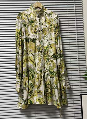 1219-12法系植物系印花连衣裙女长袖收腰气质中长款复古风格裙子