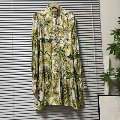 1219-12法系植物系印花连衣裙女长袖收腰气质中长款复古风格裙子