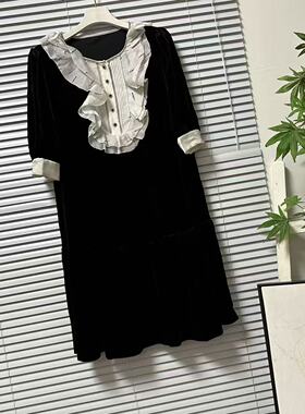 1208-30南油高货法式复古黑色丝绒连衣裙长袖名媛气质高级感裙子