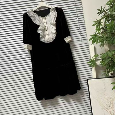 1208-30南油高货法式复古黑色丝绒连衣裙长袖名媛气质高级感裙子