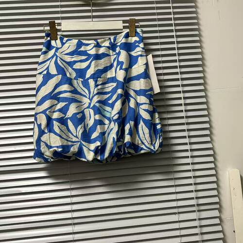 0907-34意大利蓝白叶子印花半身裙女夏百搭宽松短裙时尚休闲A字裙