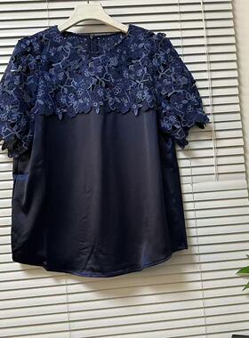 1127-13南油高货含45%醋酸高级感蕾丝拼接短袖上衣百搭圆领T恤