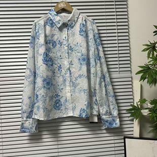 宽松百搭显瘦休闲上衣蓝色 长袖 1215 52法系大牌镂空刺绣印花衬衫