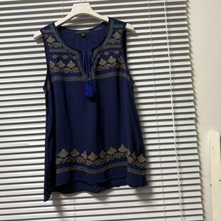 0717-60特卖 欧美度假刺绣无袖衬衫人丝背心女藏蓝色系带流苏宽松