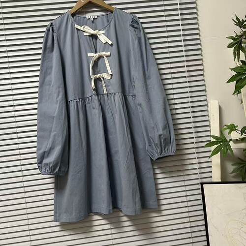 0317-16甜美蝴蝶结灯笼袖连衣裙女蓝色收腰显瘦中长款森系裙子