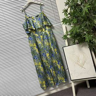 1111-31清新碎花吊带连衣裤女夏威夷度假风荷叶边性感洋气连体裤
