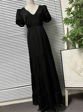 1031-22F家大牌黑色V领短袖连衣裙女收腰显瘦长款A字裙