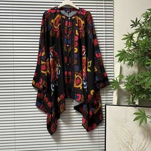 斗篷式 衬衫 宽松不对称下摆上衣 49复古民族风印花长袖 1222