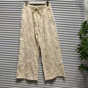 1009-13欧美单高腰直筒裤宽松松紧休闲裤刺绣松紧腰女装米色长裤
