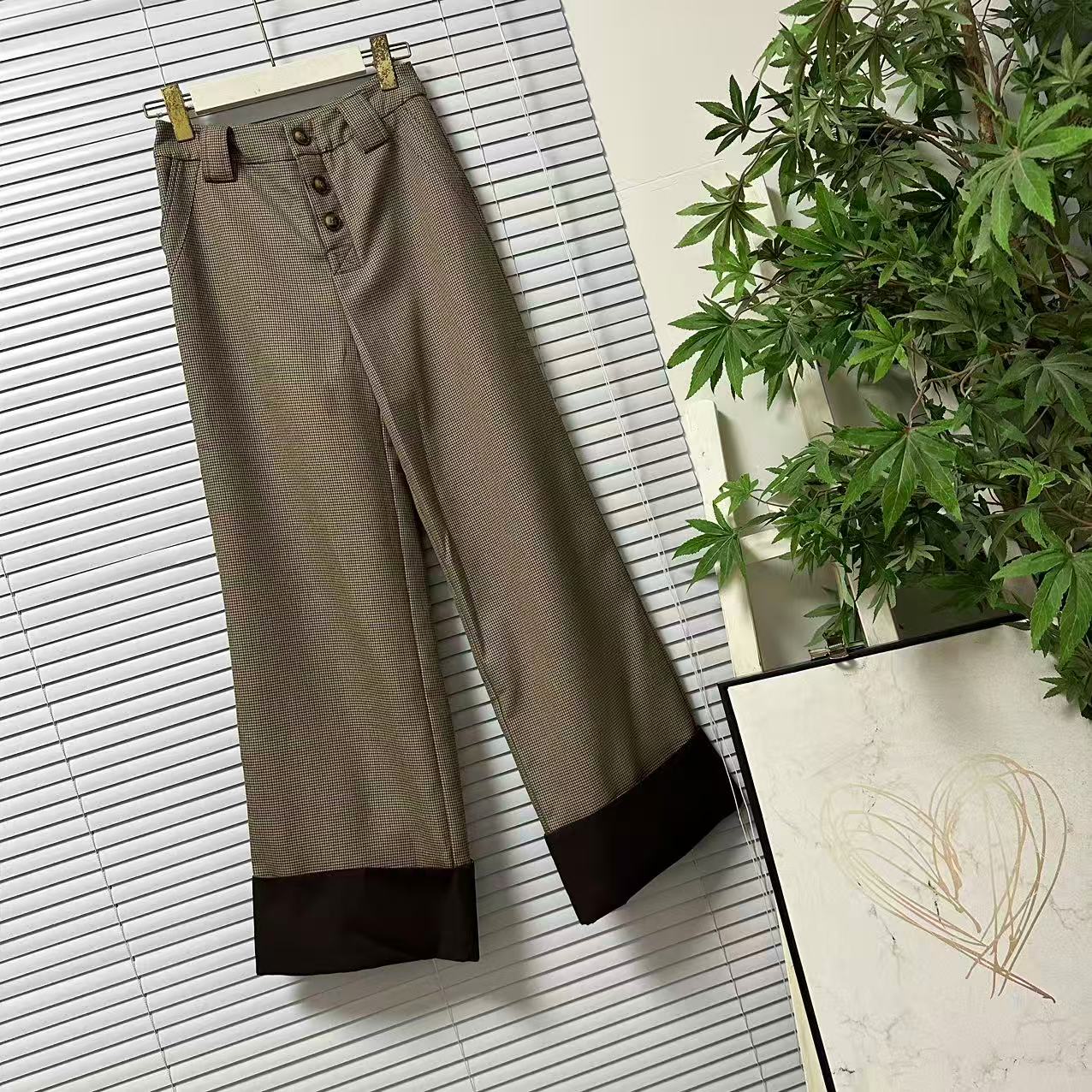 0911-27大牌千鸟格纹轻奢高级感100纯羊毛直筒西裤翻边修身休闲裤