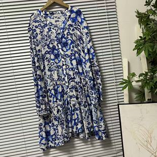 连衣裙女装 休闲印花气质中长款 宽松蓝色复古 25法国单长袖 0325