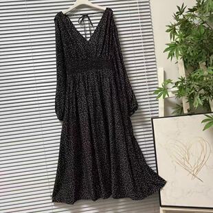 0317 V领收腰显瘦长裙高级感 50轻熟优雅风黑色波点连衣裙女长袖