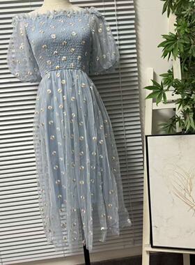 0626-43品牌单泡泡袖小雏菊刺绣连衣裙女蓝色网纱中长裙仙女裙
