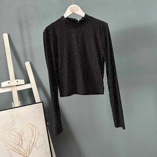 0501-1欧洲站时尚洋气通体烫钻半高领长袖上衣T恤超柔弹力短衫