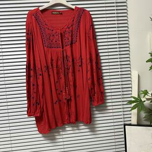 宽松系带女装 休闲衬衫 刺绣花卉图案文艺复古 41法国单长袖 0325