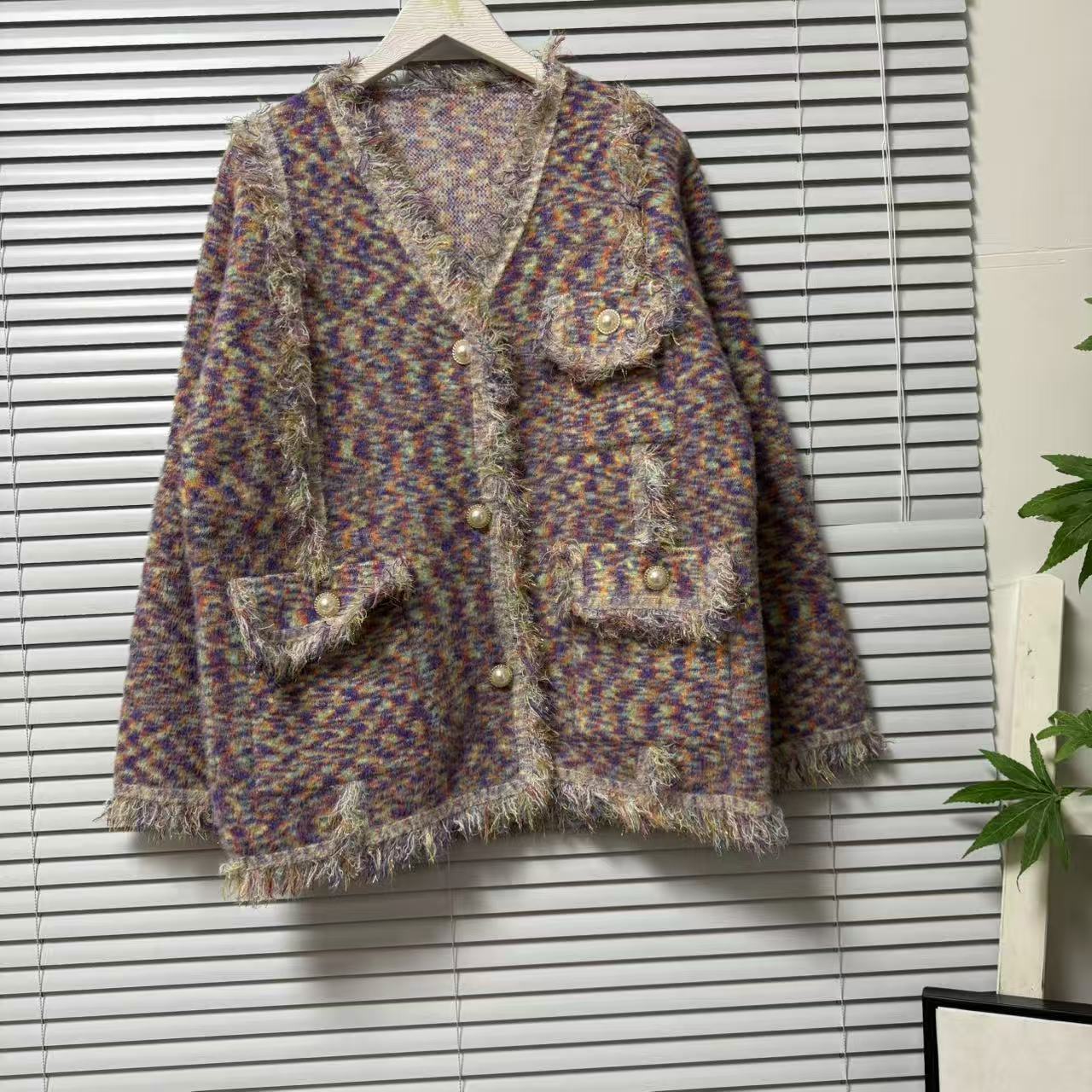 1124-3小香风V领针织开衫女流苏边短外套高级感毛衣上衣