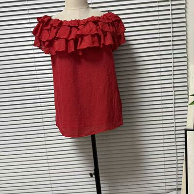 0507-3美国单甜美风红色一字领荷叶边短袖衬衫女百搭花边小衫上衣