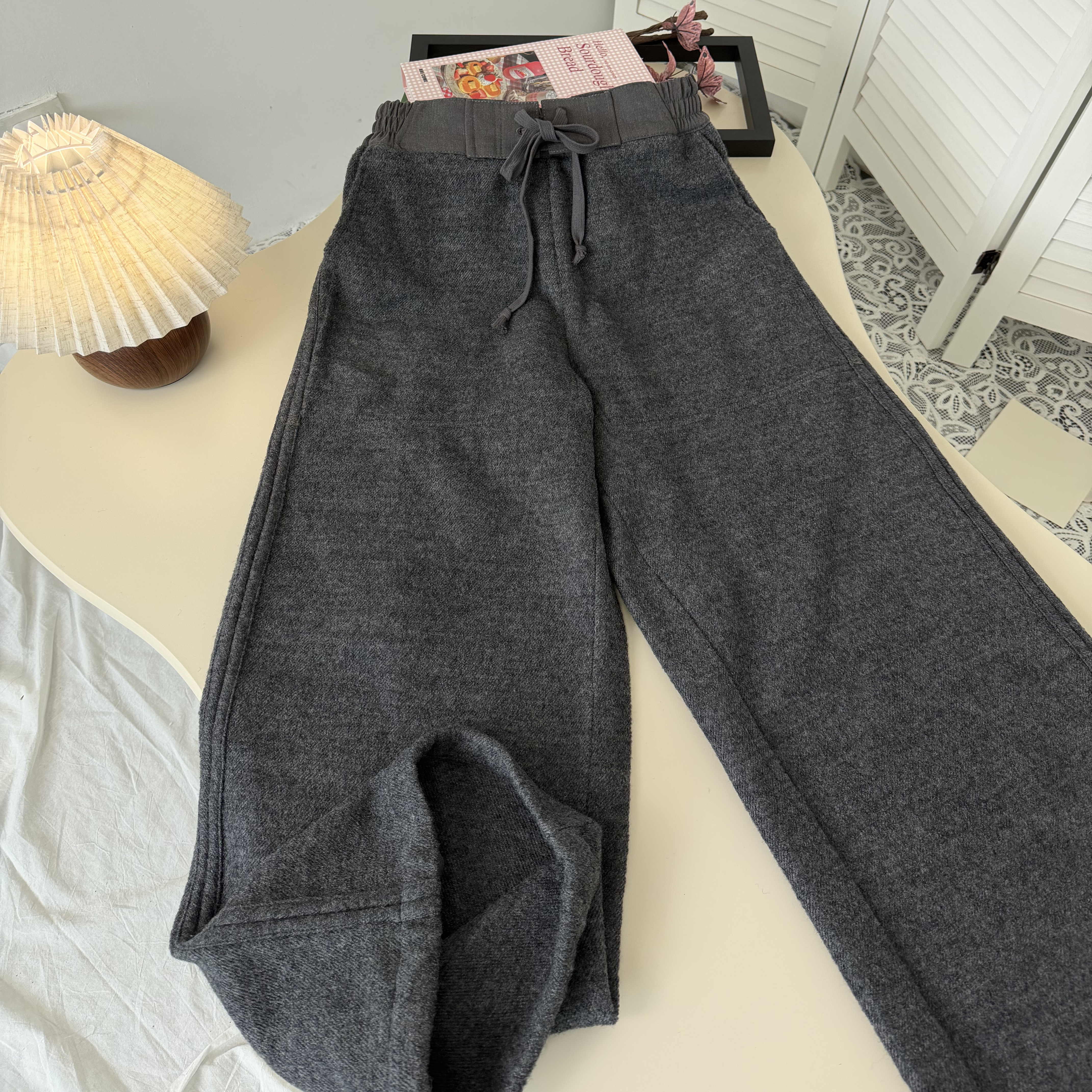 周美美 Normcore绑带腰头斜纹羊毛呢直筒抽绳休闲长裤