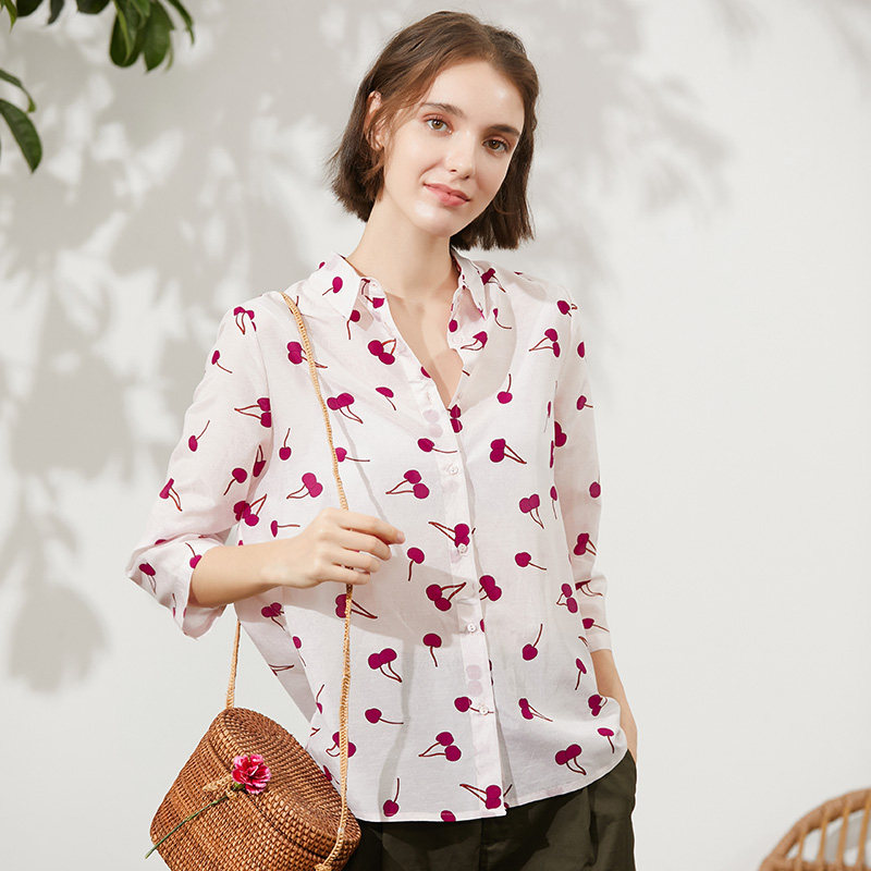 甜美可人小樱桃印花微宽松丝棉花衬衫女气质小翻领七分袖百搭衬衣