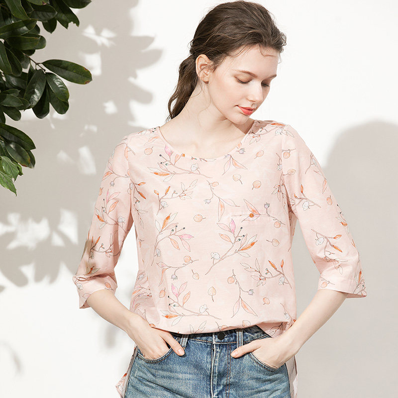 温柔橙粉色枝叶印花丝棉T恤女ins港风宽松七分袖显瘦百搭显白上衣