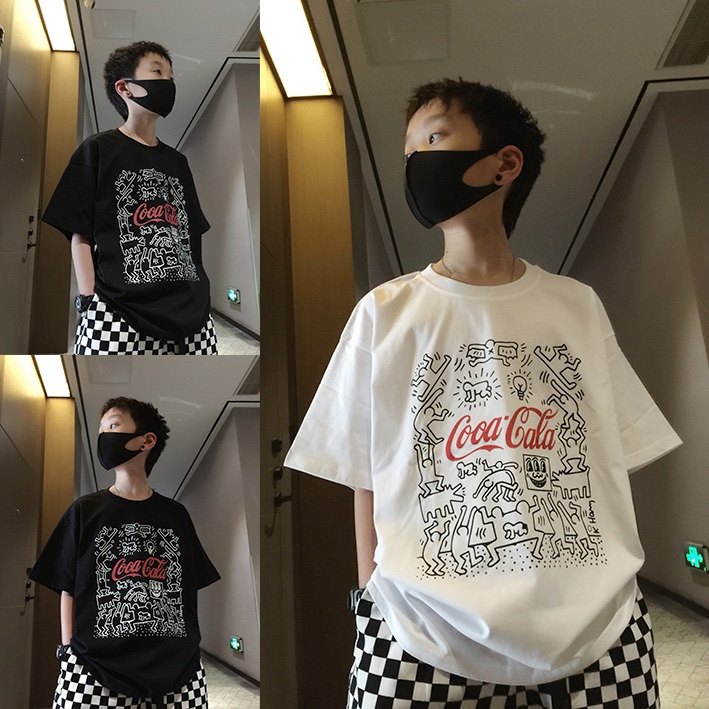 男童短袖T恤儿童卡通涂鸦漫画恶搞中大童T上衣嘻哈街舞抗菌亲子装