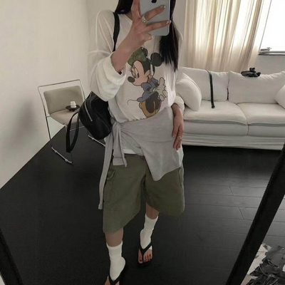 IU ROOM 夏季美式复古米奇印花宽松长袖T恤轻薄透气防晒衣1297