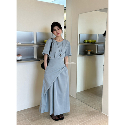 RS.WHMT 韩系法式纯色不规则系带收腰显瘦短袖连衣裙气质长裙8596