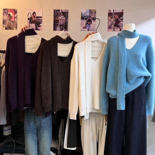 2360 韩国兔绒针织毛衣显白孔雀蓝V领宽松舒百搭显瘦毛衣 ROOM