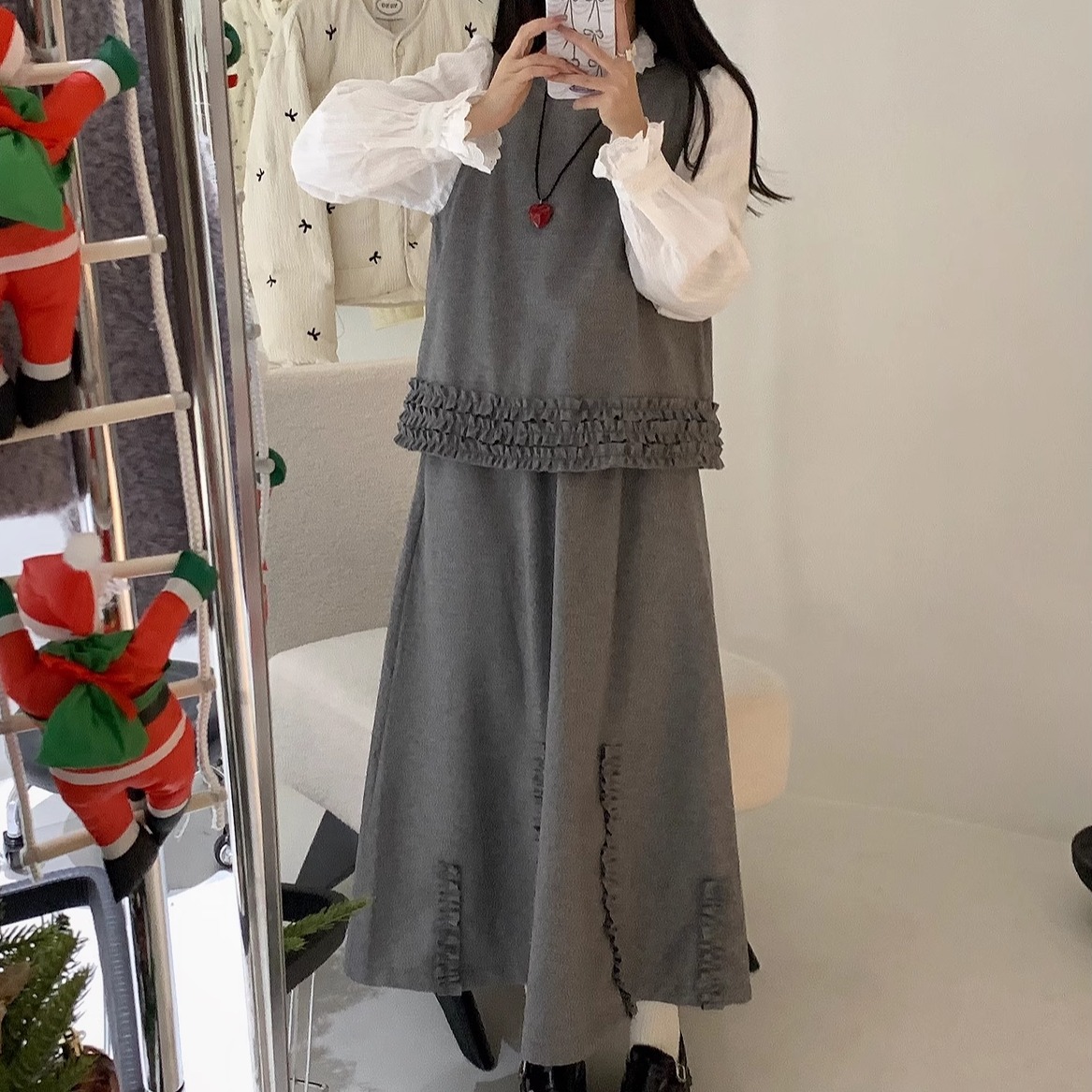 NONO韩系羊毛木耳边提花设计背心+高腰松紧腰半身裙套装冬女9588