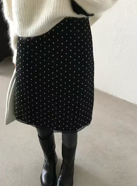 IU ROOM 韩系复古蕾丝边高腰毛呢波点裙半身裙百搭显瘦中长裙5367