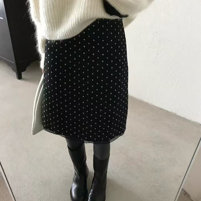 IU ROOM 韩系复古蕾丝边高腰毛呢波点裙半身裙百搭显瘦中长裙5367