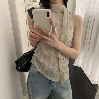IU ROOM 韩系立领挂脖压褶无袖飘带背心衬衫气质显瘦麻料小衫5655