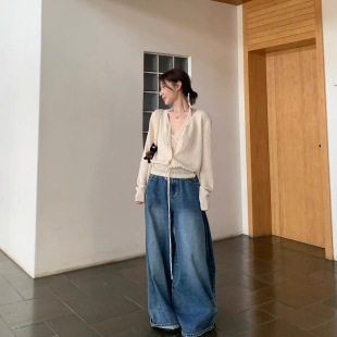 松弛感宽松拖地裤 韩国超火侧边捏褶洗水牛仔阔腿裤 3560 ROOM