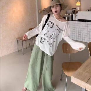 IU ROOM 休闲风kitty猫卡通印花长袖T恤防晒衫慵懒风微透上衣3312
