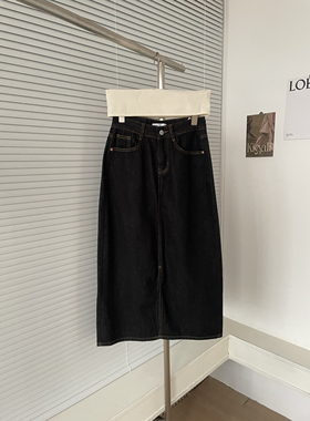 FFAN8795-2普蓝高腰前开叉牛仔半身裙女百搭显瘦A字中长款裙子