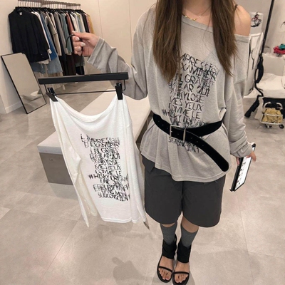 IU ROOM 韩系斜肩字母印花长袖T恤女夏季休闲宽松防晒上衣 1185