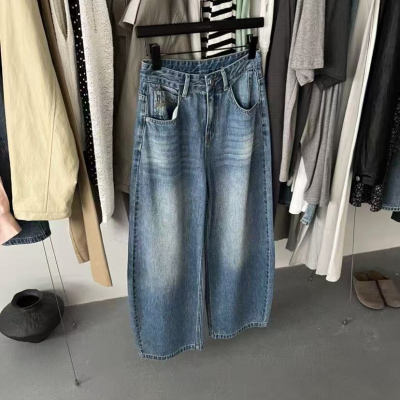 IU ROOM 韩系水洗做旧百搭显瘦牛仔裤宽松百搭高腰显瘦弯刀裤3967