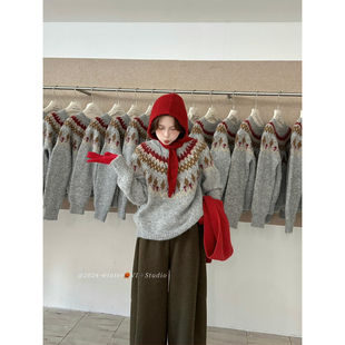 显瘦套头针织上衣0880 新款 唯一家韩系费尔岛圆领保暖毛衣春季