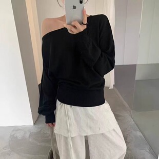 斜肩一字肩慵懒风条纹针织衫 韩国新款 显瘦套头上衣6218 ROOM