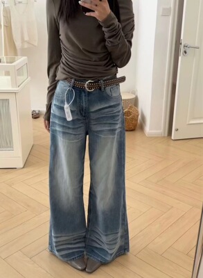 ooh 美式复古阔腿牛仔裤女宽松春秋新款高腰显瘦垂感直筒裤0332