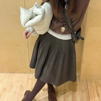 IU ROOM 韩咖色博主风美拉德系纯色百搭半身裙A字显瘦百褶裙5379