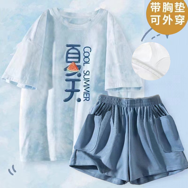 睡衣女春夏季短袖短裤两件套装带胸垫甜美休闲套头大码宽松家居服