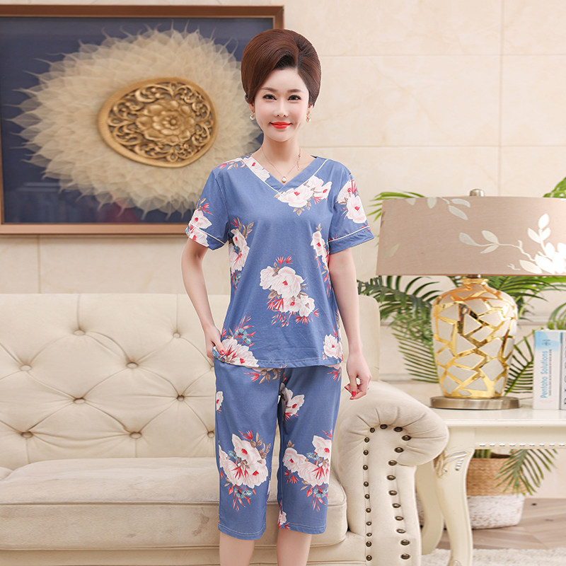 睡衣女士夏季纯棉短袖薄款中年妈妈套头休闲加大码简约家居服套装