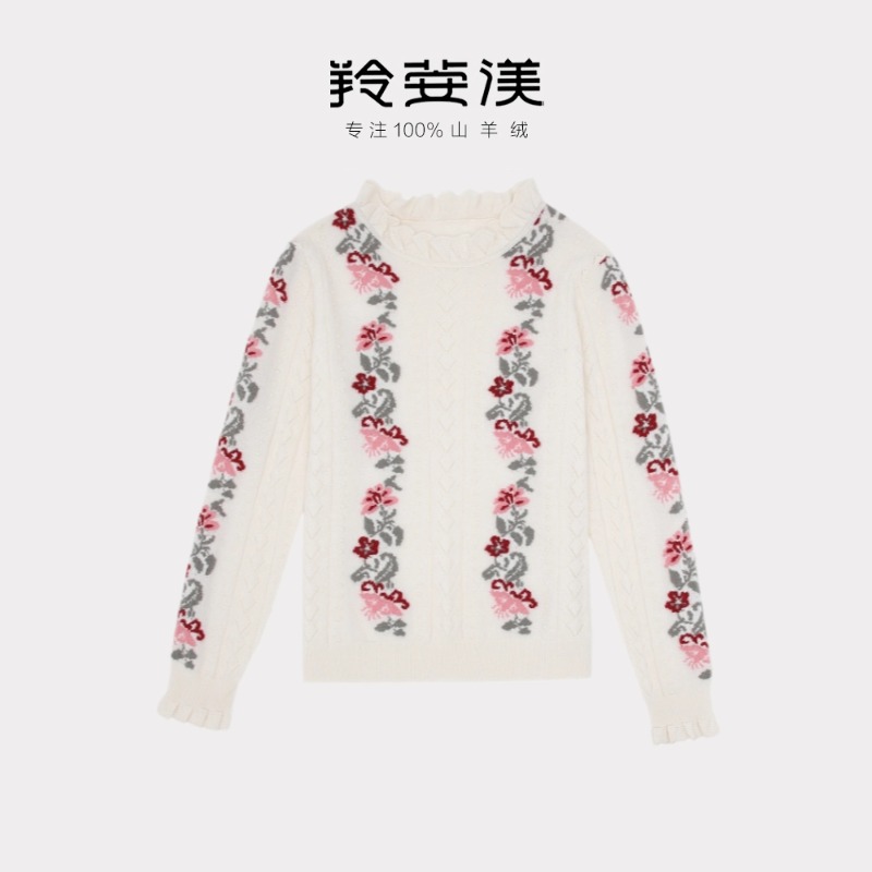 羚荌渼半高领嵌花女羊绒衫简约休闲纯羊绒套头打底毛衣针织衫