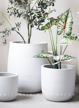 景德镇白色落地陶瓷花盆简约大口径客厅庭院家居装饰绿植盆栽摆件