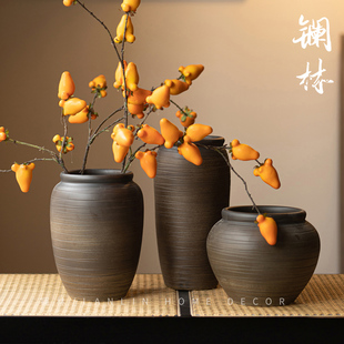 景德镇客厅插花养鲜花装饰摆件手工粗陶台面陶罐子干花小花瓶麒零