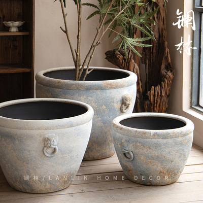 景德镇手工粗陶狮头陶瓷大缸落地圆坛水缸大花盆鱼缸摆件庭院圆弘