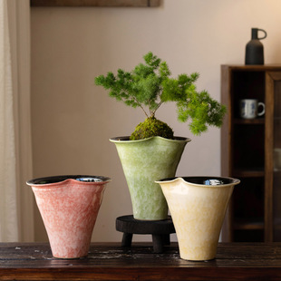 万林新中国风瓦比萨比风格陶瓷花盆客厅插花民宿酒店装修高端台面